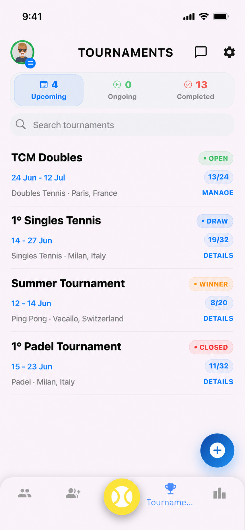 Tournaments screen